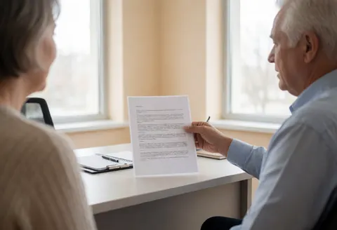 Un agent explique les termes d'un document contractuel à un client dans un bureau lumineux aux murs beiges, tenant le papier à la main.