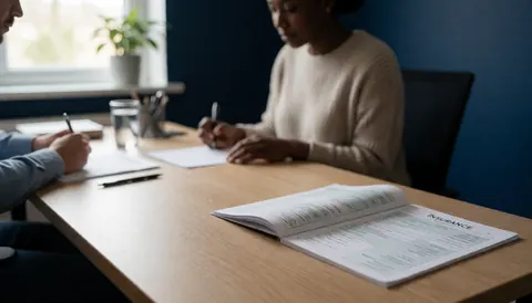Deux personnes signent des documents d'assurance dans un bureau avec un mur bleu foncé et une lumière naturelle.