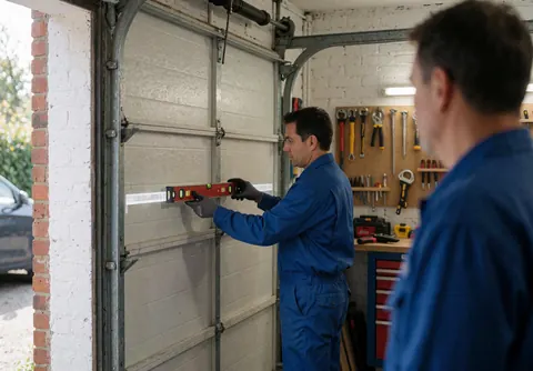 Un technicien en uniforme bleu utilise un niveau pour ajuster une porte de garage dans un atelier avec des outils accrochés au mur.