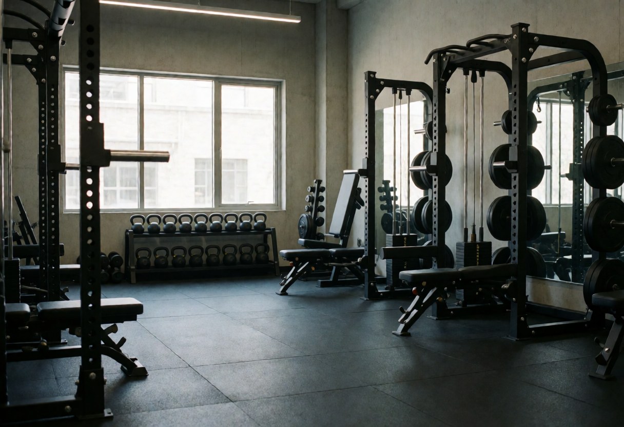 Espace d'entraînement intérieur avec haltères, kettlebells et structures de force sur sol en caoutchouc noir près de fenêtres laissant entrer la lumière naturelle.