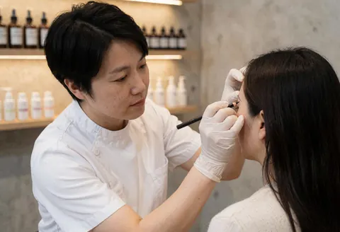 Une spécialiste avec des gants applique un gel sur les sourcils d'une cliente, des bouteilles de produit sont visibles sur une étagère près d'un mur en béton.