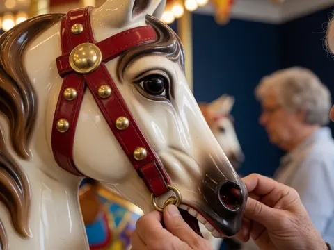 Des mains ajustent le licol rouge avec des rivets dorés d'un cheval de carrousel, sur un fond de lumières et un mur bleu marine.