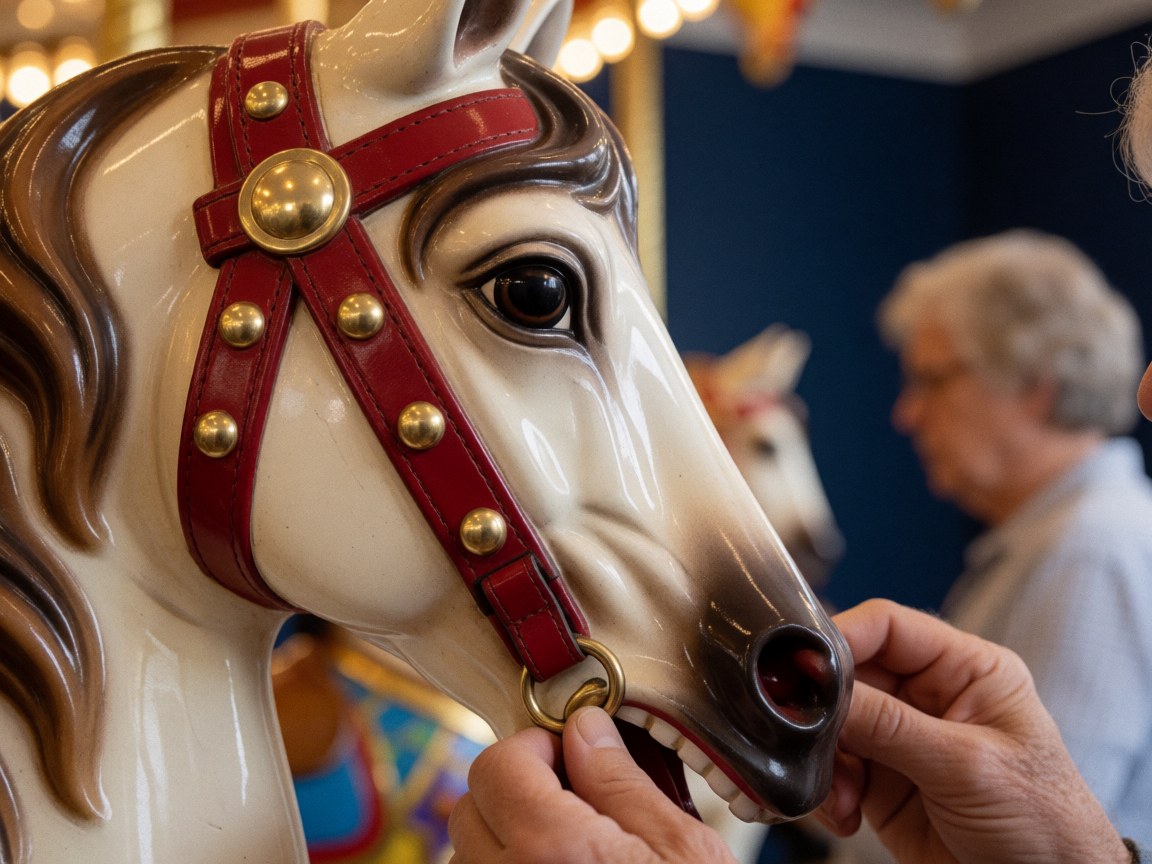 Des mains ajustent le licol rouge avec des rivets dorés d'un cheval de carrousel, sur un fond de lumières et un mur bleu marine.