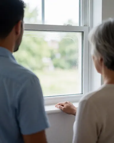 Une cliente et un professionnel observent une fenêtre propre et brillante, avec la main de la cliente posée sur le rebord dans un intérieur moderne.