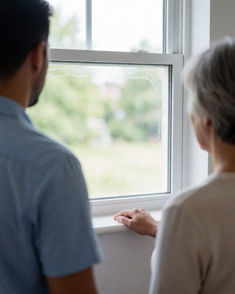 Une cliente et un professionnel observent une fenêtre propre et brillante, avec la main de la cliente posée sur le rebord dans un intérieur moderne.