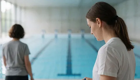 Un entraîneur observe des nageurs s'entraîner dans une piscine intérieure avec des lignes de couloir, des murs en béton et une eau bleue.