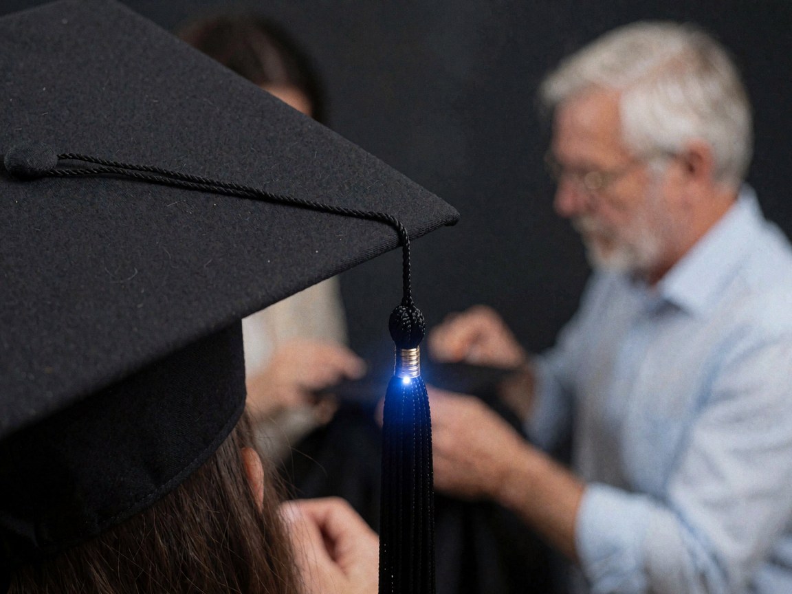 Gros plan d'une main ajustant la grenouillère d'une casquette de diplômé sur fond sombre avec éclairage bleu, détail professionnel pour photographe de cérémonies.