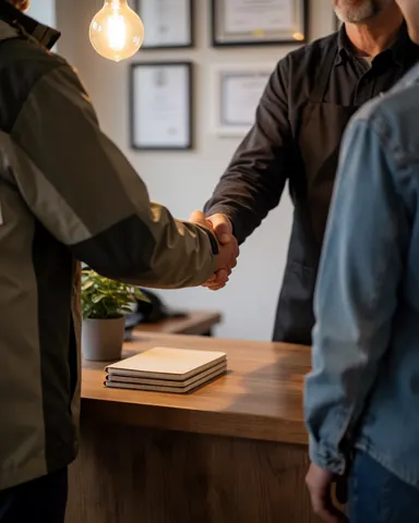 Un client et un mécanicien se serrent la main dans un atelier de réparation de motos avec des tables en bois et des certificats au mur.