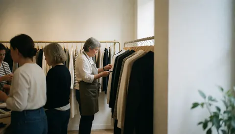 Vendeuse en tablier ajustant des vêtements dans un magasin, clients examinant la robe, lumière naturelle, espace pour texte.