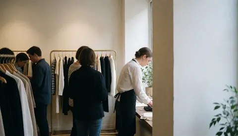 Une vendeuse accueille des clients derrière le comptoir d'un magasin de vêtements. Des vêtements sont suspendus sur des cintres dans un intérieur lumineux avec des éclairages naturels.