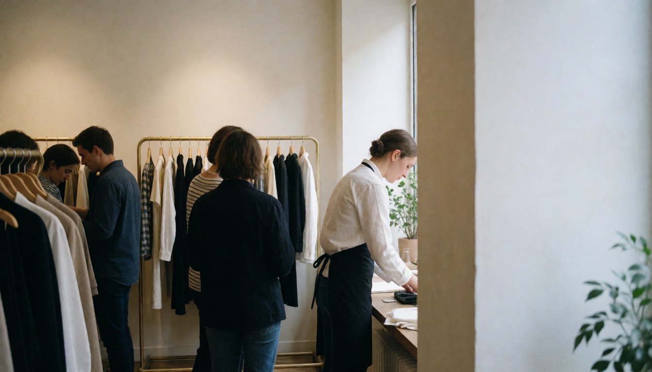 Une vendeuse accueille des clients derrière le comptoir d'un magasin de vêtements. Des vêtements sont suspendus sur des cintres dans un intérieur lumineux avec des éclairages naturels.