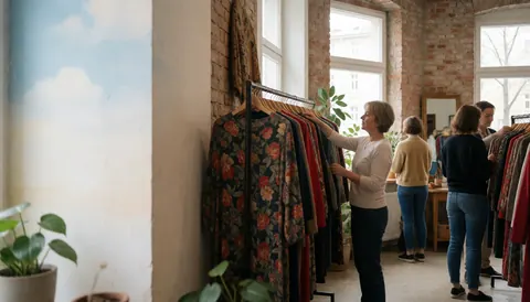 Une cliente observe attentivement des pièces de mode rétro suspendues dans un magasin aux murs de briques apparentes baignés de lumière naturelle.