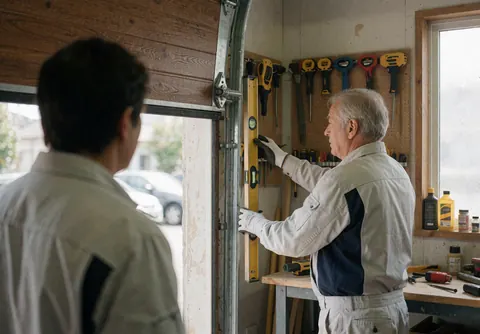 Un technicien ajuste les rails d'une porte de garage à l'aide d'un niveau, des outils sont suspendus au mur dans un atelier ordonné.