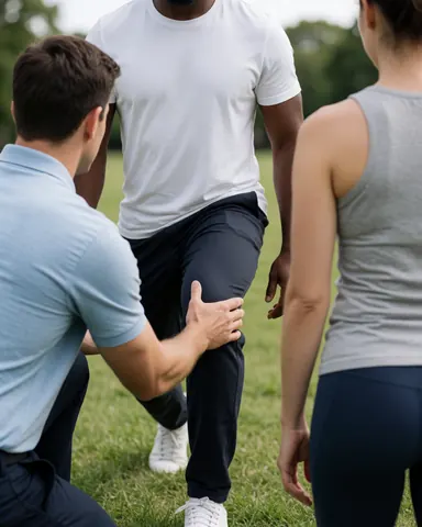 Un entraîneur personal ajuste la position du genou d'un client lors d'une séance d'entraînement en extérieur sur une pelouse verte.