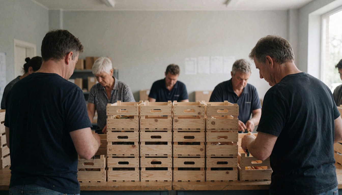 Des travailleurs emballent des caisses en bois dans un entrepôt logistique aux murs gris et à la lumière naturelle.