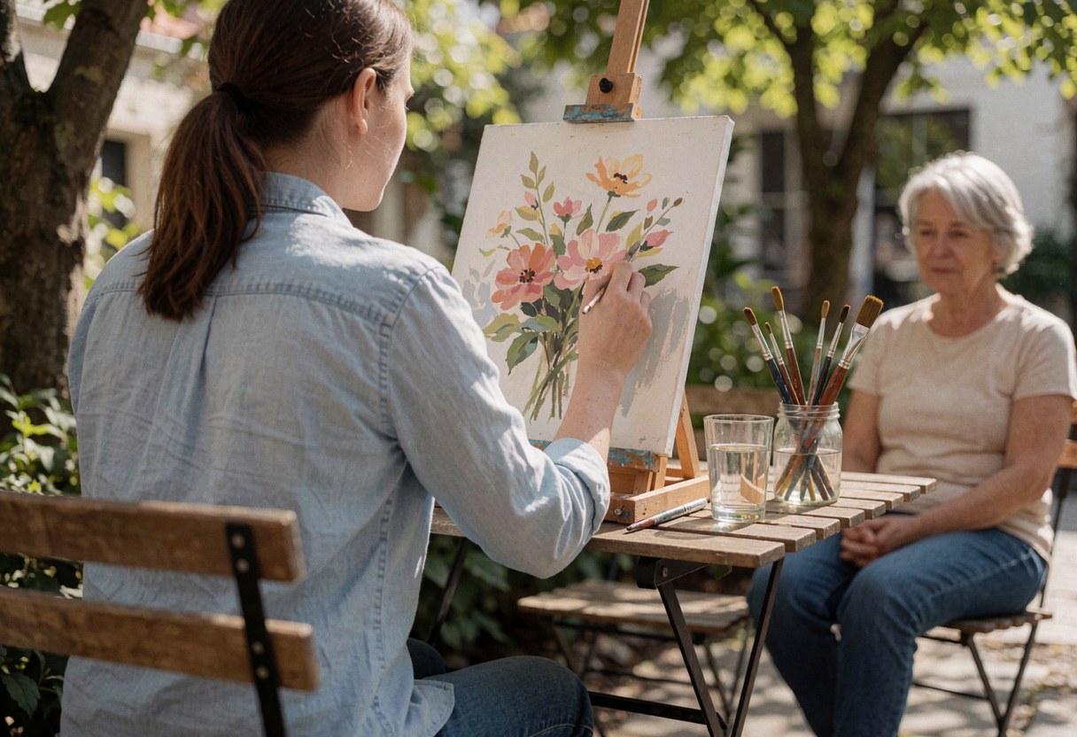 Une femme peint des fleurs sur un chevalet posé sur une table en bois dehors, tandis qu'une femme âgée assise à côté observe la scène.