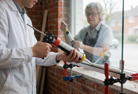 Un technicien en uniforme blanc applique du mastic blanc sur un cadre de fenêtre avec une pince, devant un mur de briques rouges, tandis qu'une autre personne observe la scène.