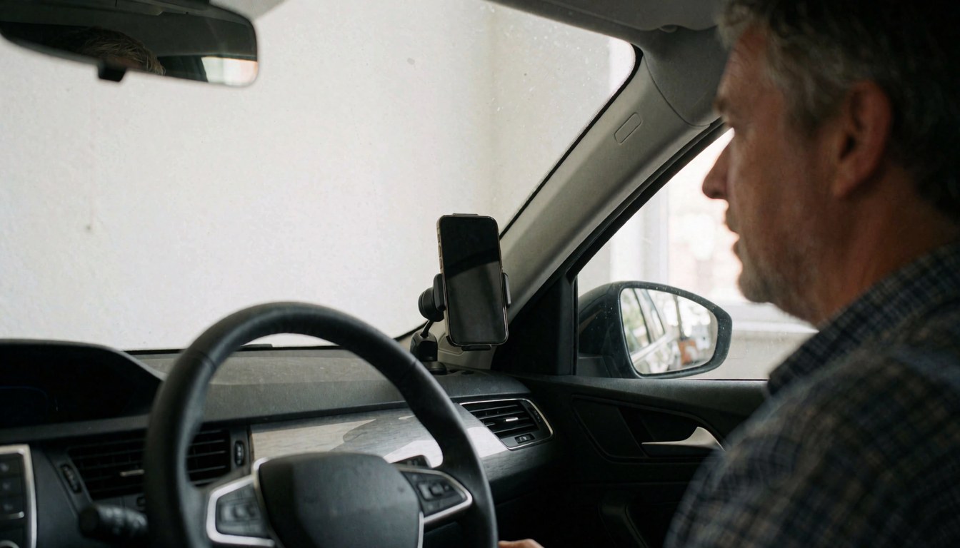 Intérieur de véhicule montrant un smartphone maintenu par un support magnétique sur la grille d'aération, avec le volant visible et un fond clair, illustrant les accessoires automobiles.
