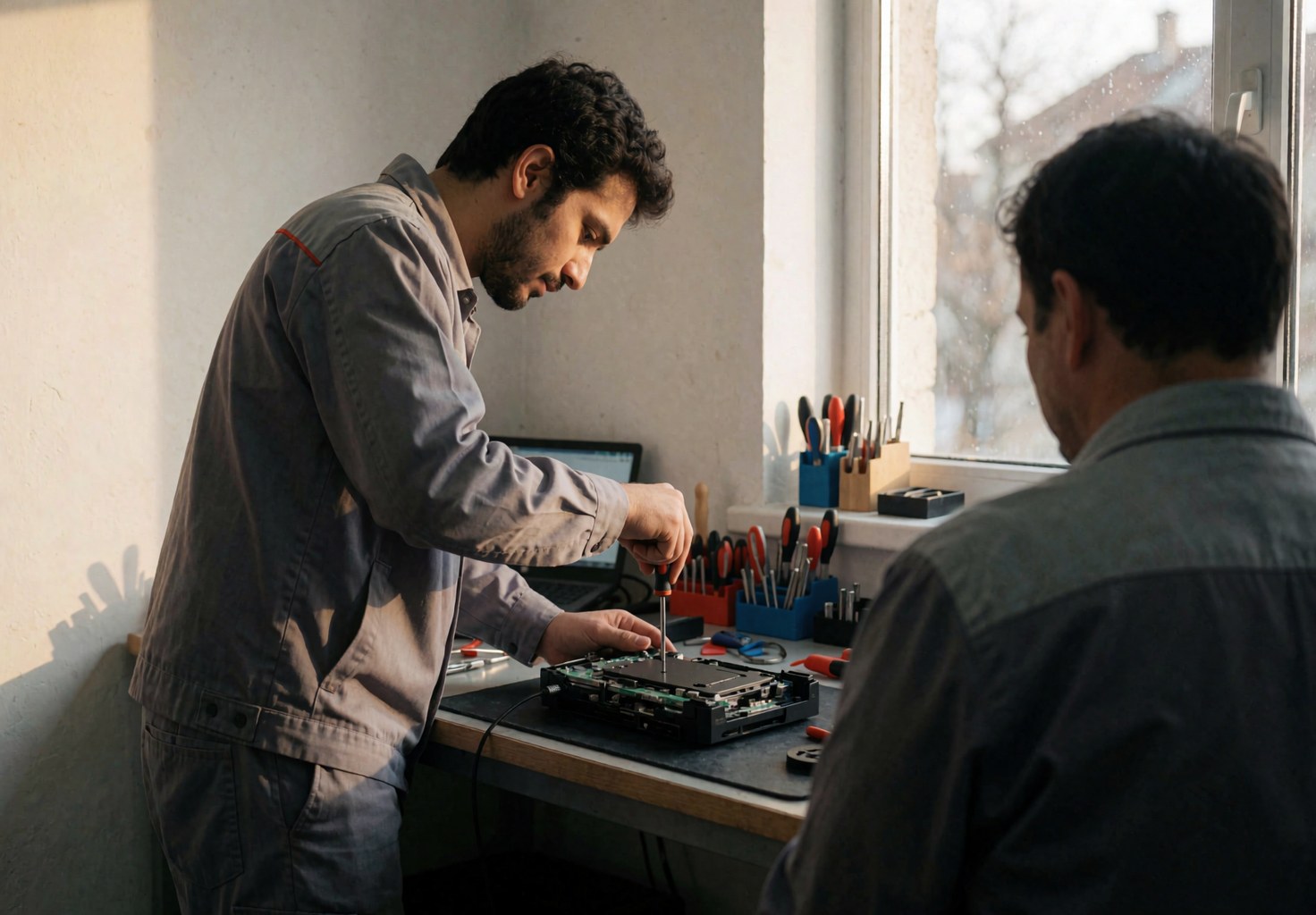 Technicien en uniforme travaillant sur un ordinateur ouvert dans un atelier bien éclairé pendant qu'un client observe la réparation.