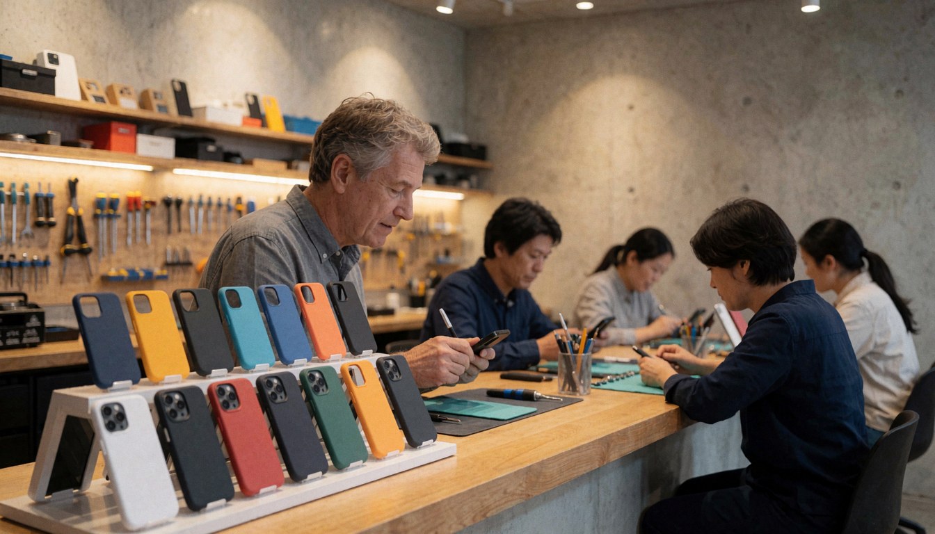 Atelier de réparation de téléphones avec des étuis colorés en exposition, des outils sur des étagères et des personnes travaillant sur des tables en bois.