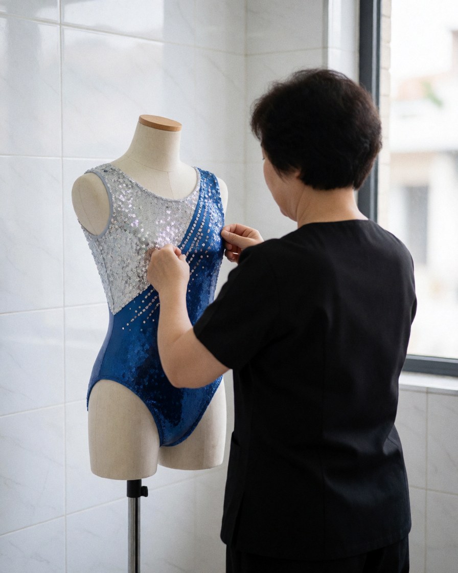 Un entraîneur ajuste un justaucorps bleu pailleté sur un mannequin dans un studio de gymnastique aux murs carrelés blancs.