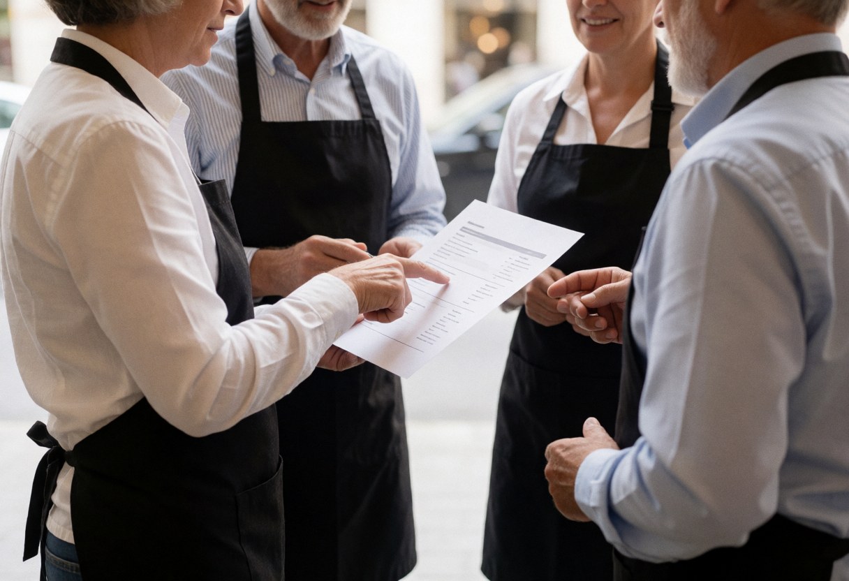 Quatre personnes en tablier consultent un menu dans un café. Une femme pointe du doigt le document, illustrant un service en action en milieu urbain.