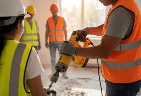 Ouvrier en gilet orange et casque blanc utilisant un marteau électrique jaune pour la démolition dans une pièce avec d'autres travailleurs en arrière-plan.