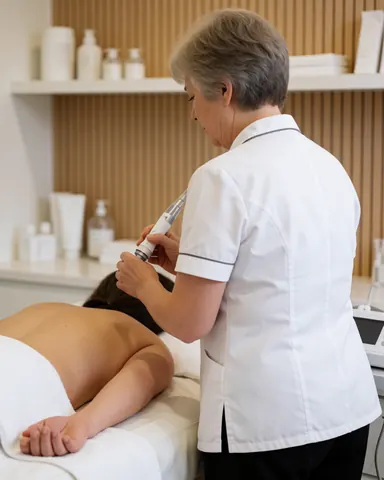 Une esthéticienne en uniforme blanc effectue un soin de microdermabrasion sur une cliente allongée dans un salon aux murs en bois et aux étagères de produits.