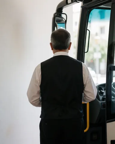 Conducteur de bus touristique en uniforme, de dos, près de la porte ouverte du véhicule dans un hôtel avec un mur blanc, scène professionnelle.