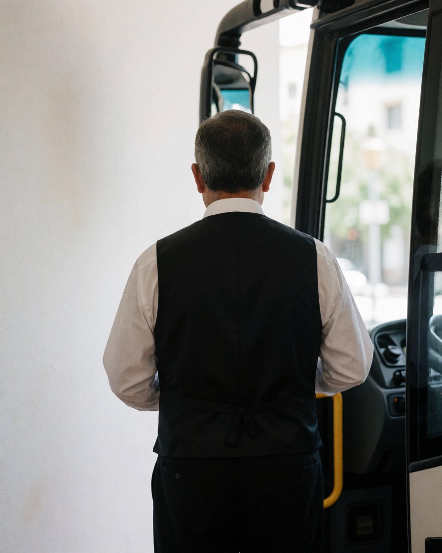 Conducteur de bus touristique en uniforme, de dos, près de la porte ouverte du véhicule dans un hôtel avec un mur blanc, scène professionnelle.