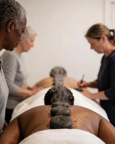 Une cliente profite d'un massage thaïlandais avec des pierres chaudes et de la vapeur dans un salon de spa aux murs blancs.