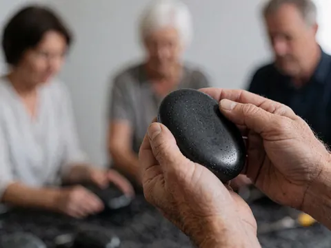 Mains tenant une pierre noire polie pour massage thaïlandais, fond flou, murs gris, détail d'outil de bien-être.