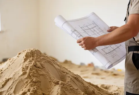 Un ouvrier en uniforme consulte des plans architecturaux près d'une pile de sable sur un chantier avec des murs peints en blanc chaud.