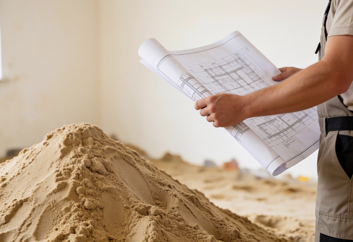 Un ouvrier en uniforme consulte des plans architecturaux près d'une pile de sable sur un chantier avec des murs peints en blanc chaud.