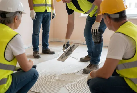 Des ouvriers en casques et gilets utilisent une truelle pour appliquer un adhésif sur un sol de chantier avec des murs beiges.