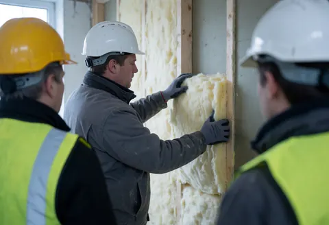 Un ouvrier en casque blanc et gants installe une isolation jaune sur un mur avec des lattes de bois, dans le cadre d'un chantier de construction.