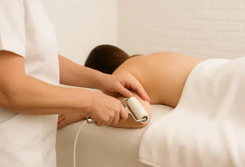 Un professionnel applique un traitement avec un rouleau sur le bras d'un client allongé sur une table, devant un mur de briques blanches sous une lumière chaude.