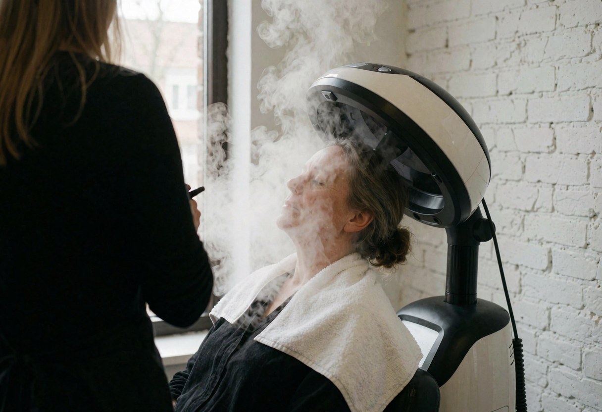 Une cliente bénéficie d'un traitement facial avec un appareil à vapeur, accompagnée d'une professionnelle dans un salon moderne aux murs de briques blanches.