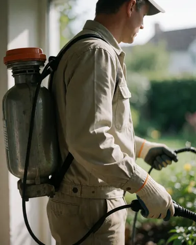 Jardinier professionnel portant un gilet de pulvérisation, des gants de protection et un uniforme de travail, appliquant un produit dans un jardin en extérieur.