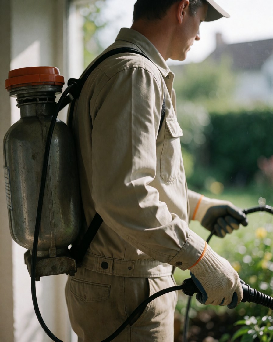 Jardinier professionnel portant un gilet de pulvérisation, des gants de protection et un uniforme de travail, appliquant un produit dans un jardin en extérieur.