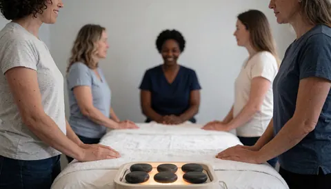 Un groupe de femmes reçoit un massage dans un salon. Une table avec des pierres chaudes et une praticienne souriante sont visibles au centre de la pièce.