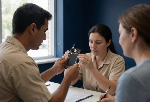 Deux techniciens réparent un téléphone portable sur une table avec un mur bleu en arrière-plan pendant qu'un client observe le travail technique.