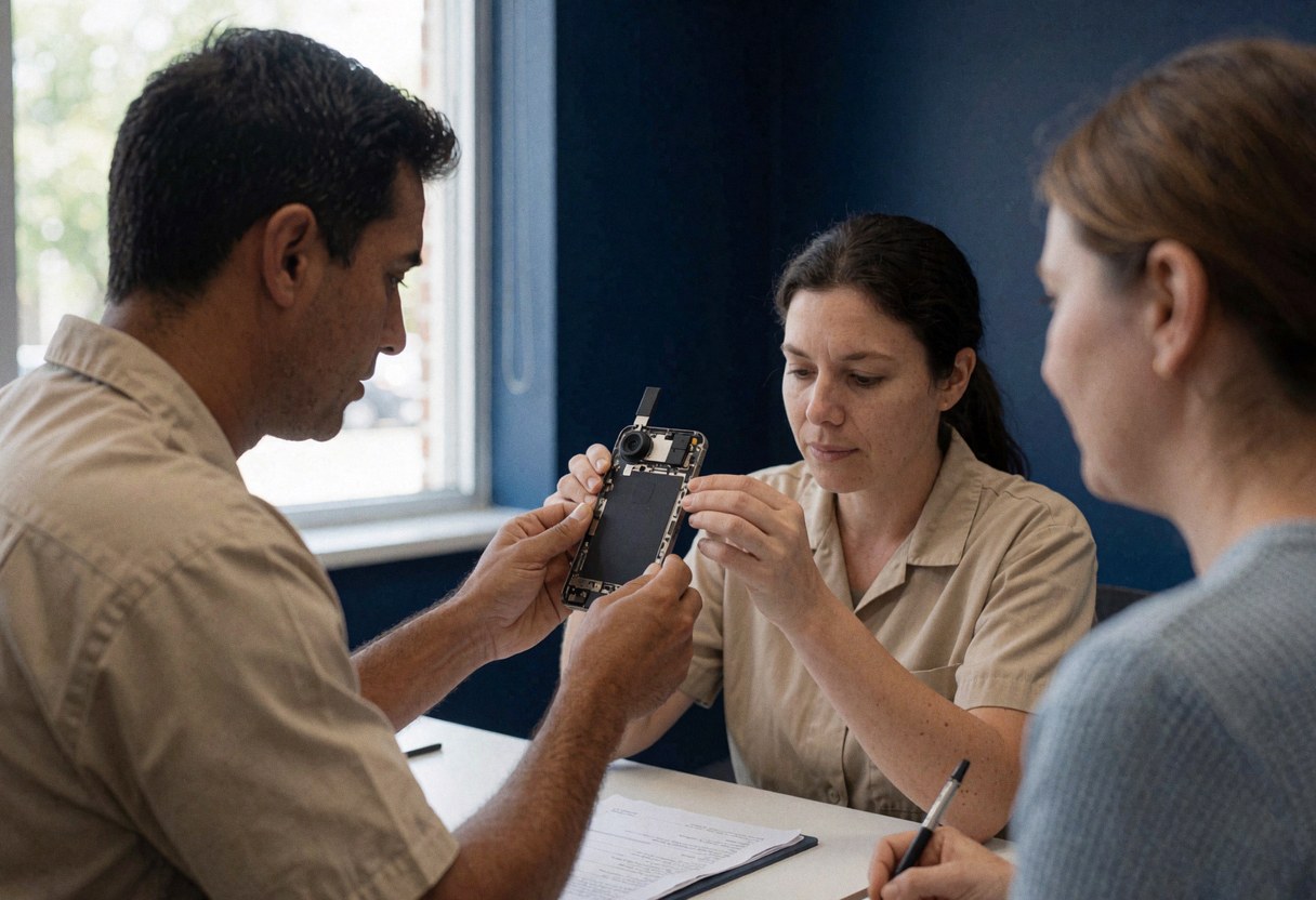 Deux techniciens réparent un téléphone portable sur une table avec un mur bleu en arrière-plan pendant qu'un client observe le travail technique.