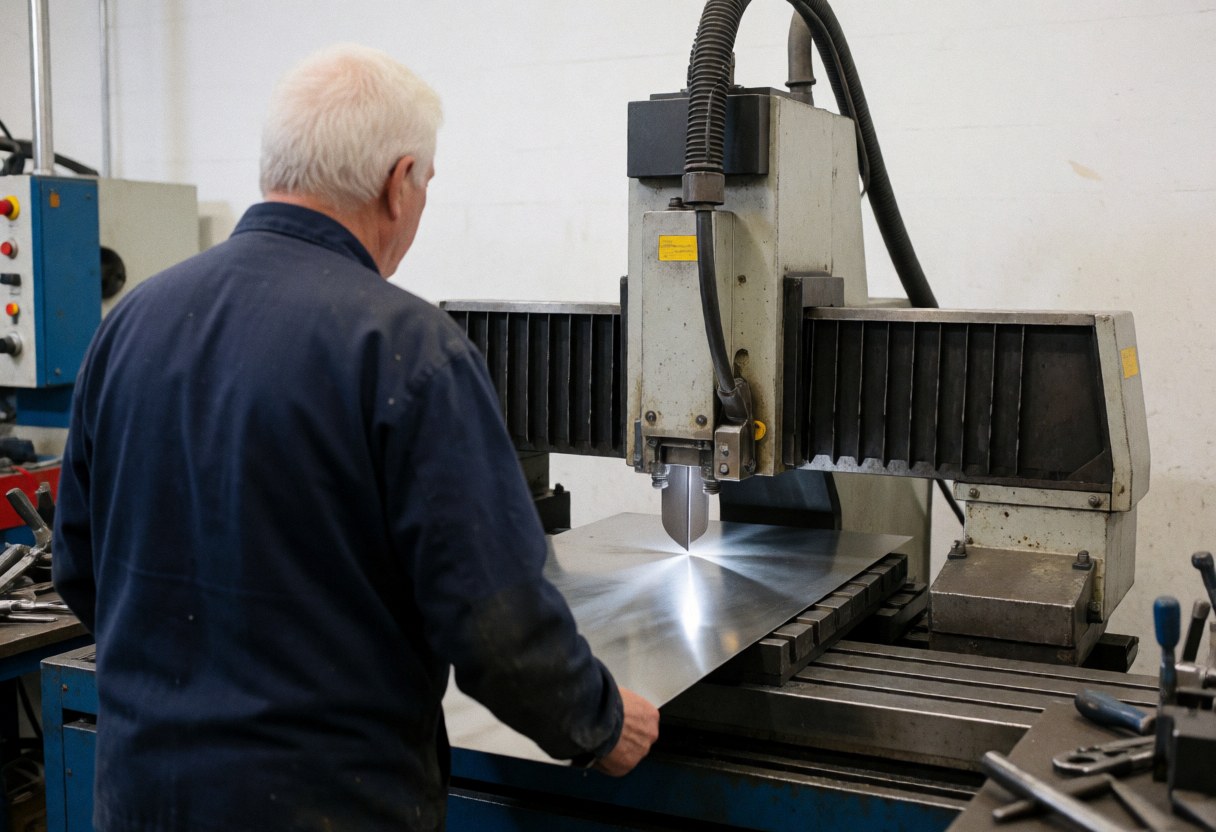 Un homme travaille sur une machine de découpe dans une usine métallurgique, entouré de plaques d'acier inoxydable et d'outils industriels.
