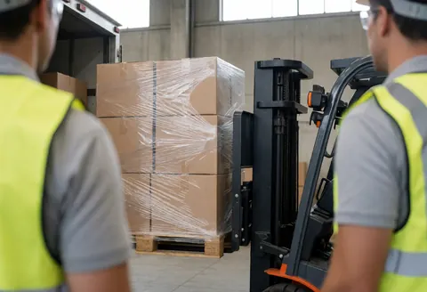 Un ouvrier en gilet réfléchissant utilise une grue pour charger des cartons sur une palette dans un entrepôt logistique.