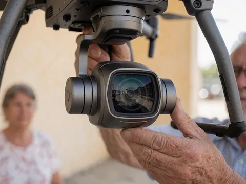 Vue rapprochée d'une main tenant une caméra de drone avec stabilisateur, reflet d'un environnement industriel sur l'objectif, fond beige, outil pour photographe aérien professionnel.