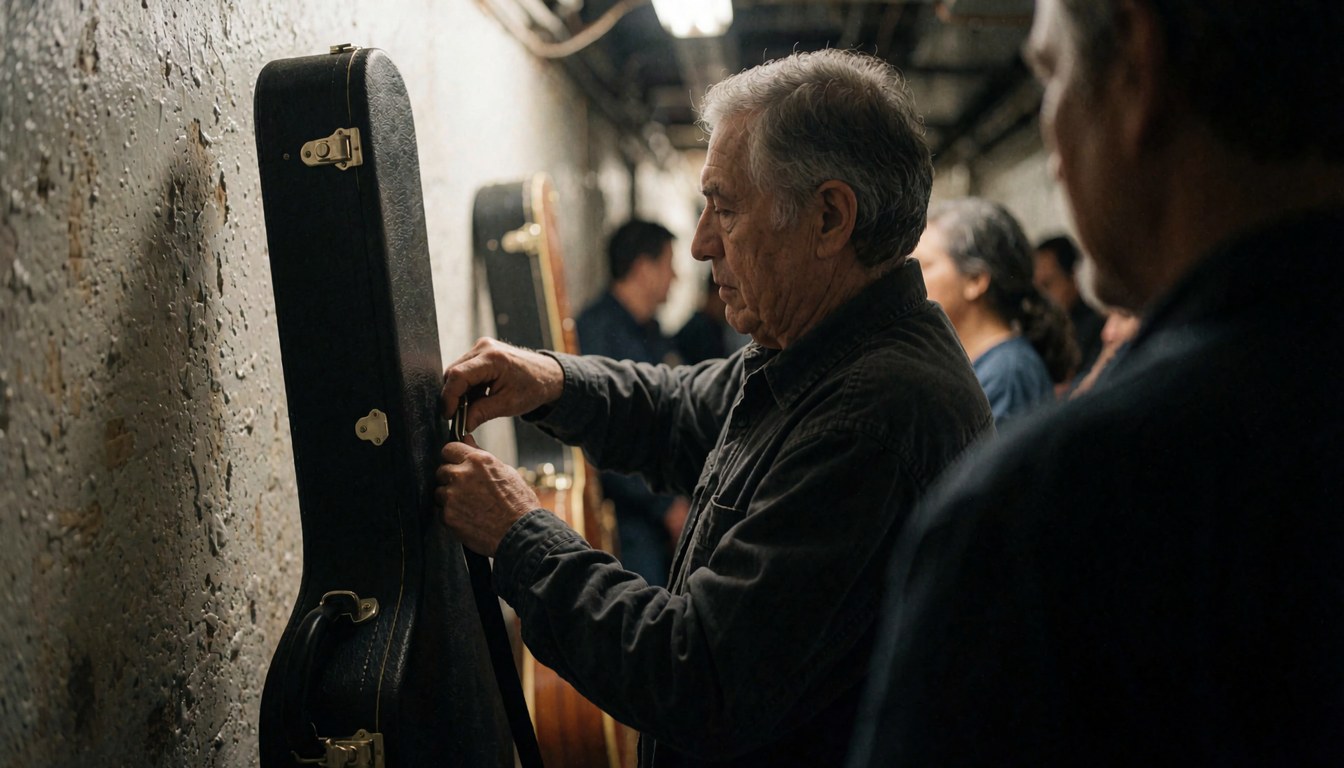 Un musicien ajuste la sangle de sa guitare dans un couloir de backstage avec des murs texturés et des lumières au plafond, préparation pour un concert.