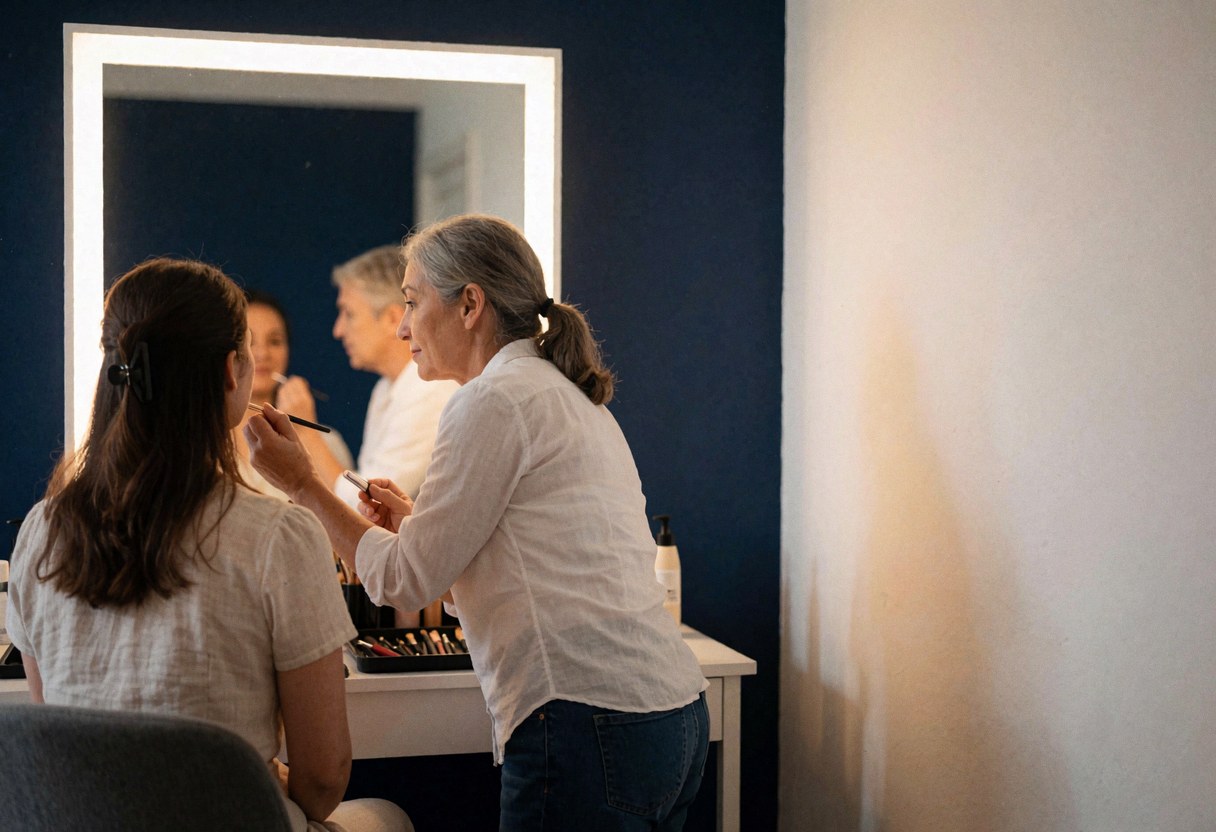 Une maquilleuse professionnelle applique du maquillage sur une cliente assise face à un miroir éclairé dans un intérieur aux murs bleus.