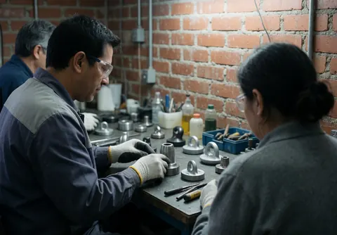 Deux ouvriers équipés de lunettes et de gants vérifient des composants métalliques dans un atelier à murs de briques, illustrant un service de fabrication en cours.