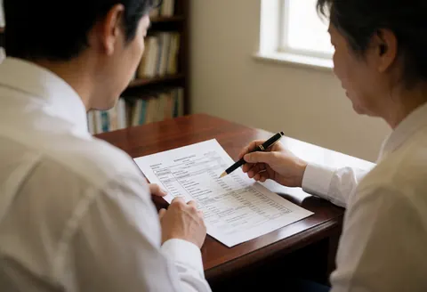 Un conseiller financier en chemise blanche explique les détails d'un document fiscal à un client assis à une table en bois poli, dans un bureau éclairé par la lumière naturelle.